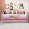 Twin Size Tufted Upholstered Daybed with Trundle ,Velvet Sofabed with USB&Type-C Charging Ports,No Box-spring Needed, Pink