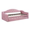 Twin Size Tufted Upholstered Daybed with Trundle ,Velvet Sofabed with USB&Type-C Charging Ports,No Box-spring Needed, Pink