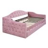 Twin Size Tufted Upholstered Daybed with Trundle ,Velvet Sofabed with USB&Type-C Charging Ports,No Box-spring Needed, Pink