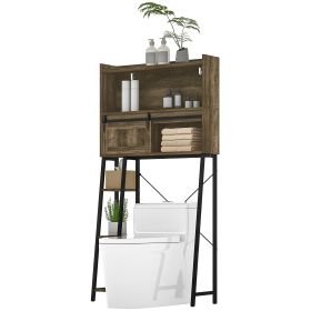 HOMCOM Over the Toilet Storage Cabinet, Over Toilet Bathroom Organizer with 3 Compartments, 4 Open Shelves, Distressed Brown