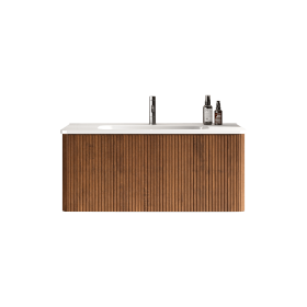Striped Walnut Bathroom Vanity with White Ceramic Sink, Wall Mounted Floating Bathroom Vanity for Modern Bathroom