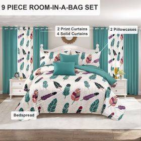 9 Piece Soft All-Season Washed Microfiber Cover Set , Queen/King/Calking Bedding Set With Pillowcases,Bedspread Print Curtains & Solid Curtains,P (Color: colorful feather, size: QUEEN)
