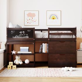 Twin Size Low Loft Bed with Rolling Desk, Shelf and Drawers (Color: Espresso)